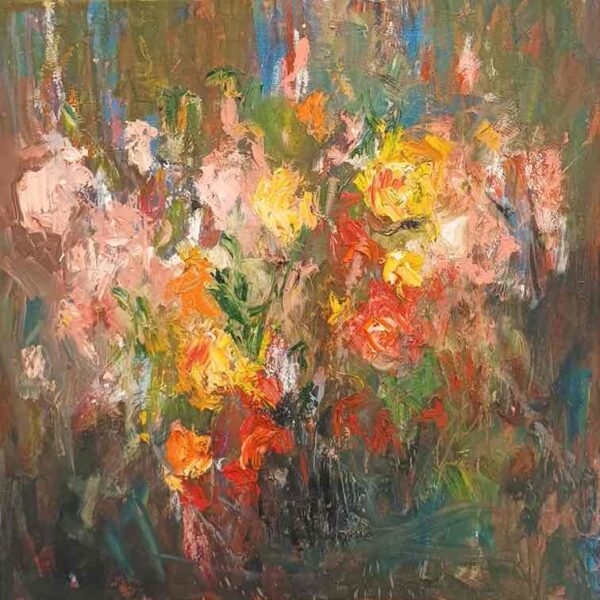 Bloemen in vaas, oil on canvas, Wim van de Wege