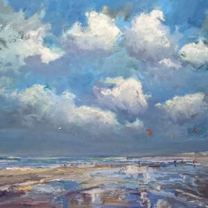 Noordzee strand met kitesurfers 80x60 cm wimvandewege