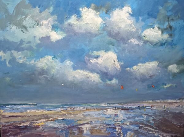 Noordzee strand met kitesurfers 80x60 cm wimvandewege